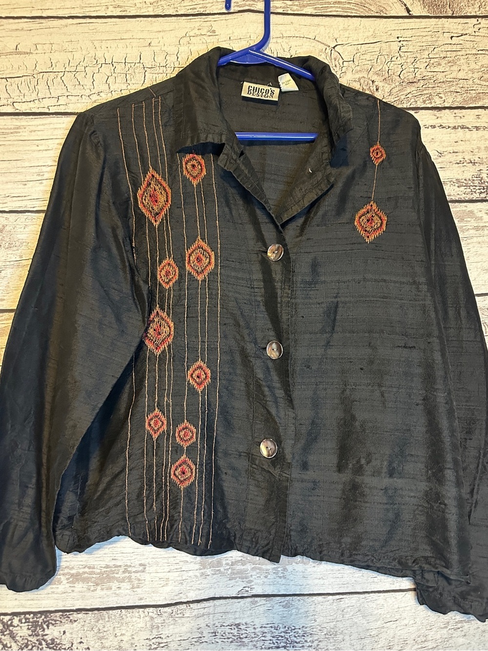 Chico’s Design 100% Silk Embroidered Blouse Jacket Black Size 1